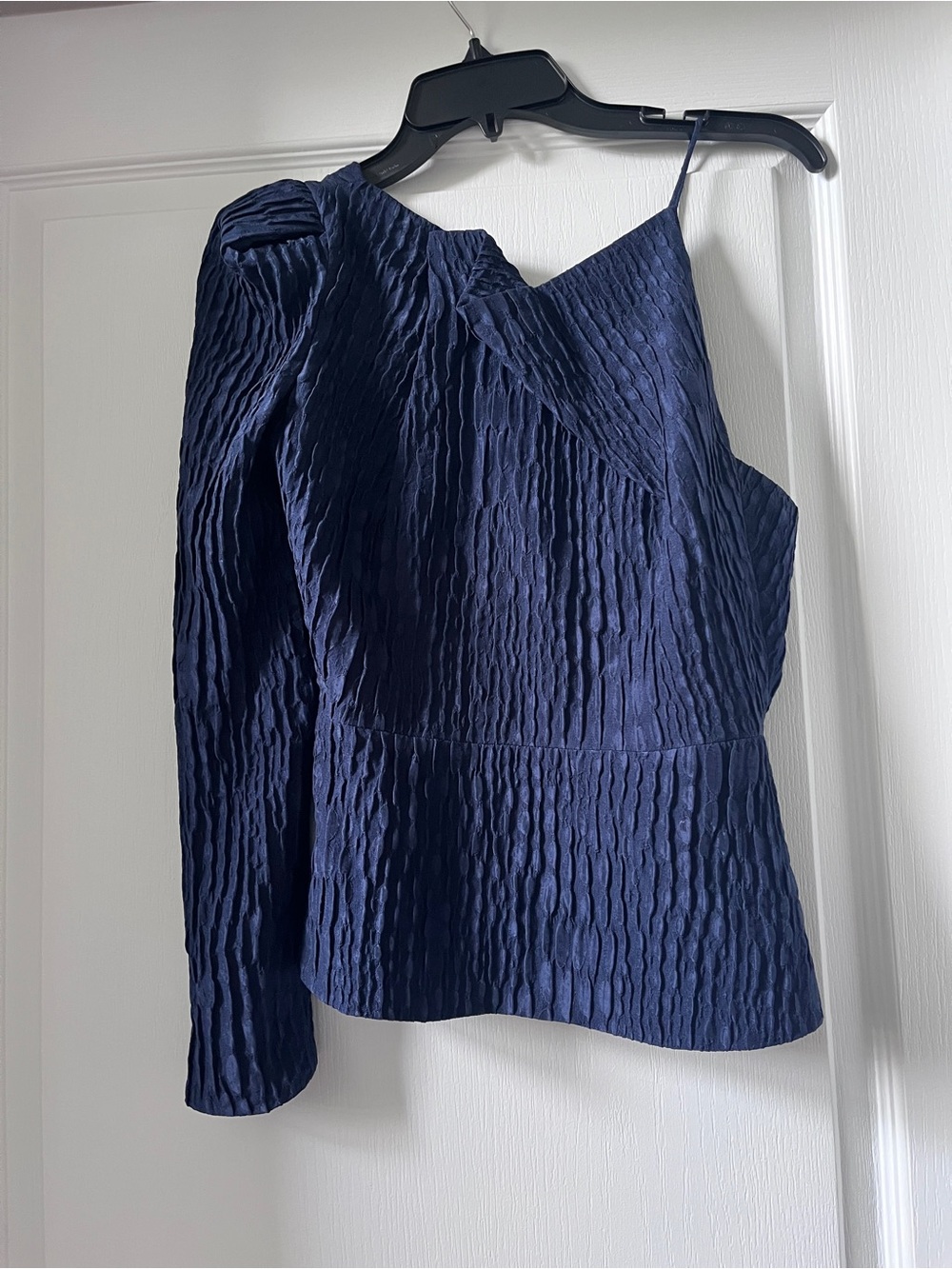 Roland Mouret Navy One-Shoulder Textured Top with Long Sleeve